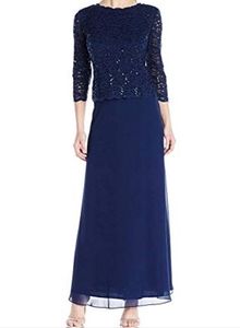 Alex Evenings Petite Sequin Lace Womens Long Mock Dress Navy Blue Size 12P